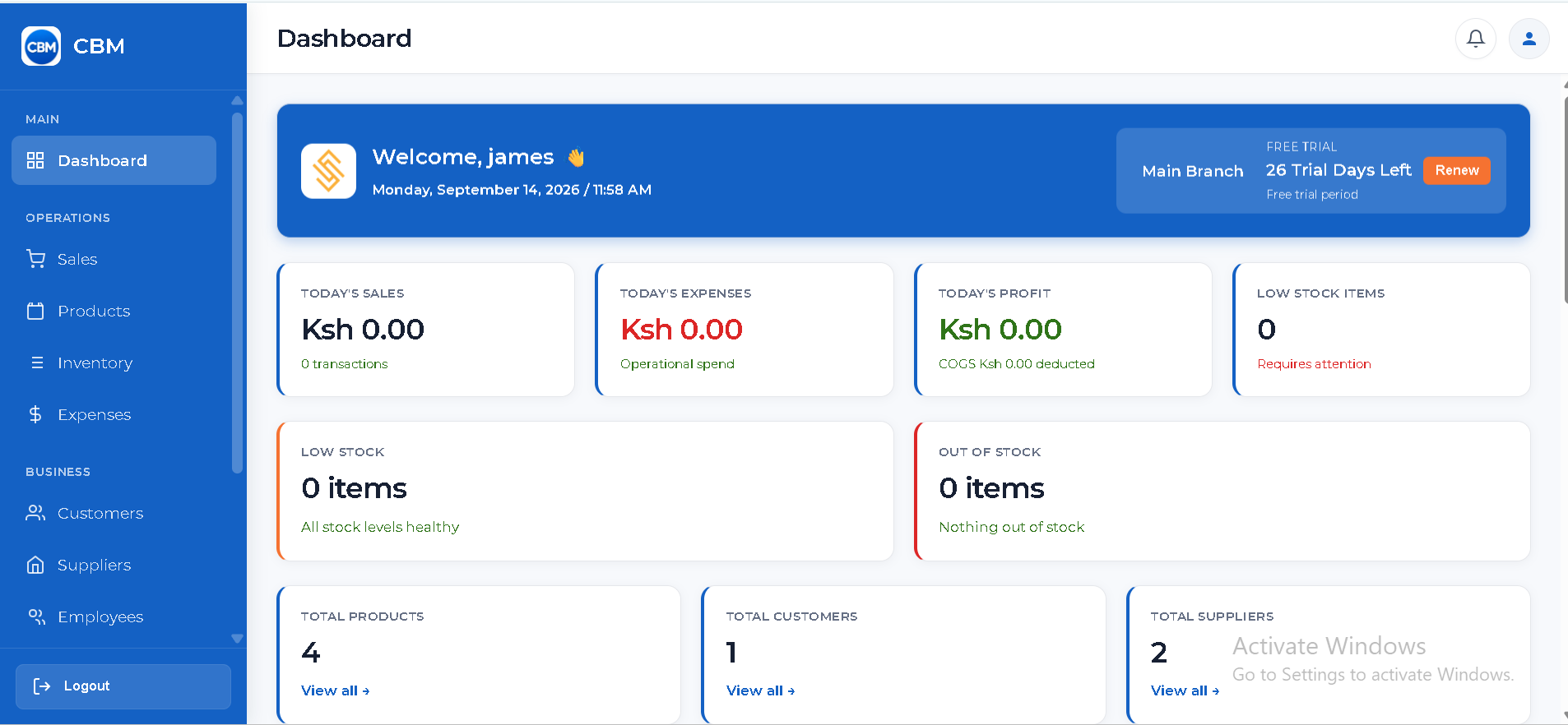 Chosen Business Manager dashboard showing sales, stock, and expenses